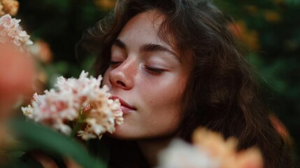 Naklejka premium Close-up portrait of a young woman with her eyes closed and her head resting on a branch of pink flowers. she has long dark hair and freckles on her face.