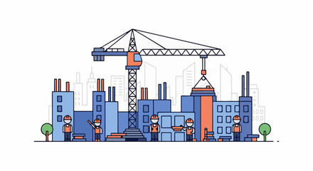 Fototapeta premium Construction site with workers, crane, and industrial buildings