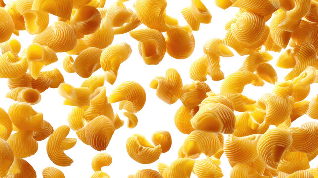 floating golden cavatappi pasta pieces falling in dynamic motion isolated on white background abstract food texture 