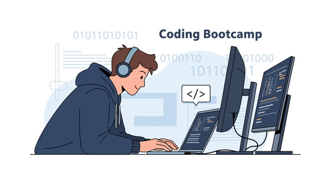Young man programming on computers, coding bootcamp illustration
