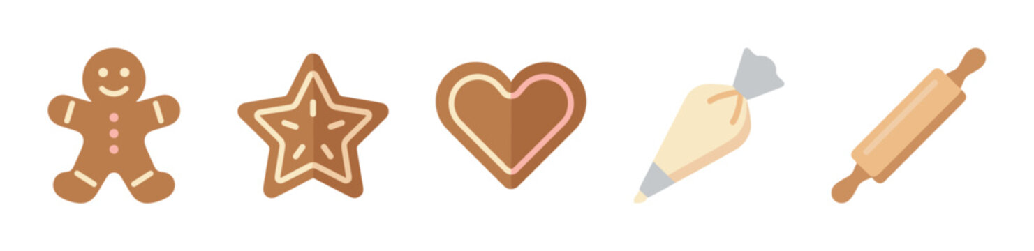 Gingerbread cookies and baking tools vector illustration set for holiday baking, sweet dessert preparation, and festive season celebration.