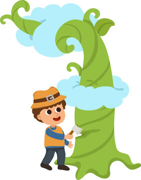 Boy Climbing Giant Bean Stalk Fairy tale Cartoon Illustration