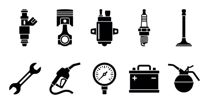 Automotive parts and repair tools icons collection featuring essential engine components, maintenance equipment, and vehicle accessories.