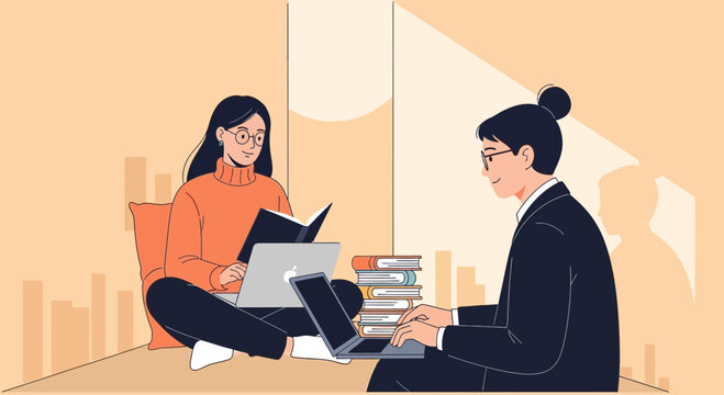 Students studying with laptops and books, remote work, digital learning