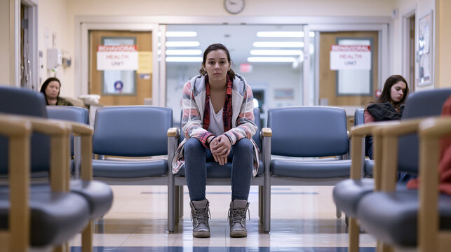 Patient seated alone in hospital waiting area with stigma and social distance, behavioral health unit door in background