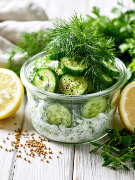 Creamy Cucumber Dill Salad in Rustic Glass Jar. AI generative.