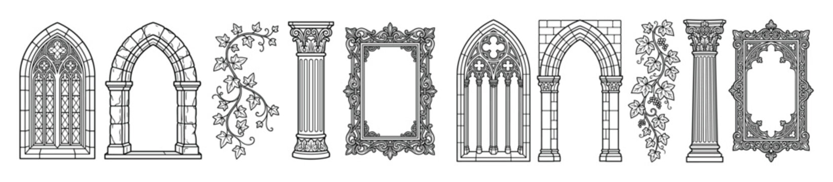 Gothic architectural elements, classical columns, decorative frames, and ivy vine illustrations in a detailed black outline style.