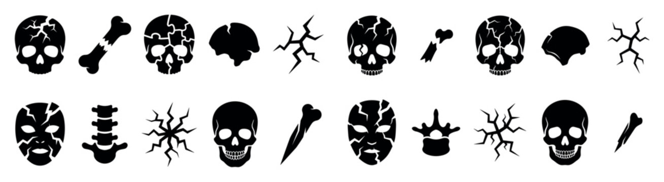 Human skulls and bones vector illustration set with various cracked, broken, and intact anatomical elements representing fragility and damage.