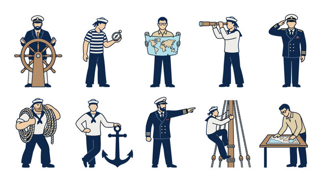Illustrations of professional sailors and captains performing essential maritime duties, including steering a ship, navigating with a map, and observing with a telescope.