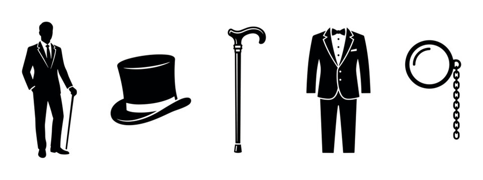 Sophisticated gentleman's formal wear and classic accessories including a top hat, walking stick, suit, and monocle are elegantly presented.