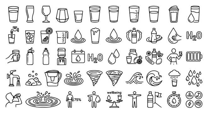 Hydration and water outline icon collection vector illustration