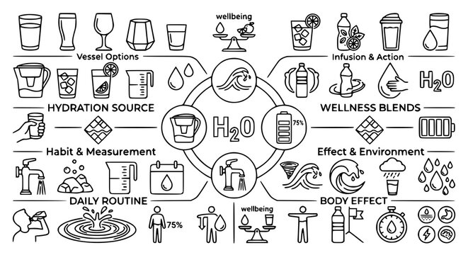 Creative water glass vector icon set with hydration illustrations
