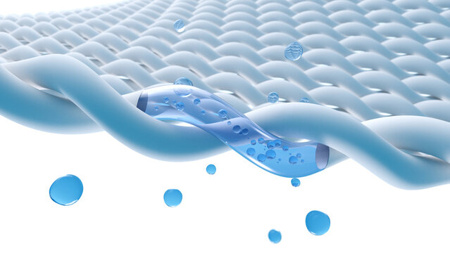Close Up Blue Fiber Rope with Floating Water Drops 3D Textile Illustration