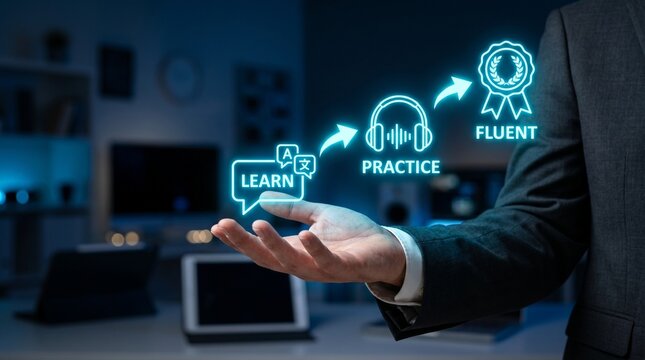 Man in business suit presenting learn practice fluent icons in office
