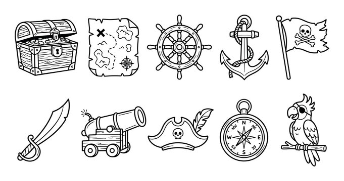Pirate adventure icons collection featuring treasure chest, map, ship wheel, anchor, flag, sword, cannon, hat, compass, and parrot for nautical themes.