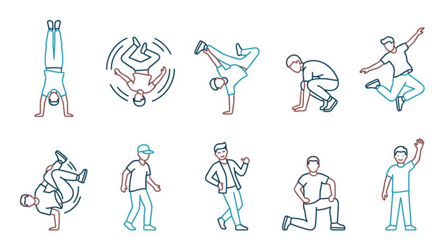 Young men performing various dynamic breakdance moves and casual poses, illustrating an active lifestyle, urban culture, and youthful energy.