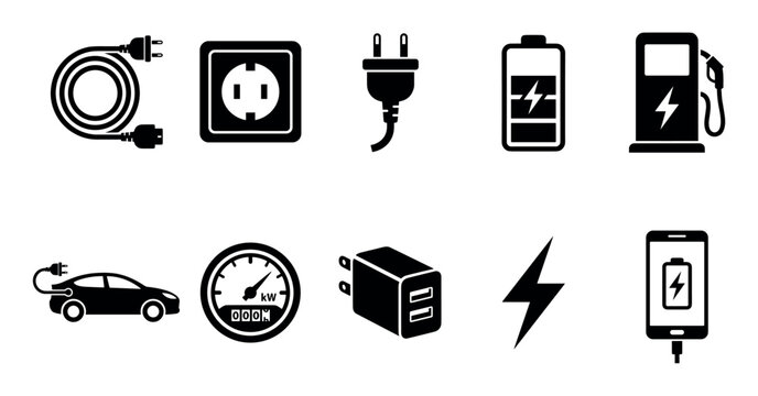 Electrical charging power energy technology device icons depicting various elements of electricity, energy, and electronic device charging systems.