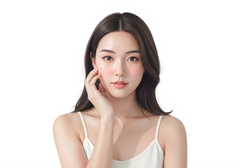 Fototapeta premium Beautiful young asian woman with glowing clear skin touching her cheek for a natural beauty and skincare concept
