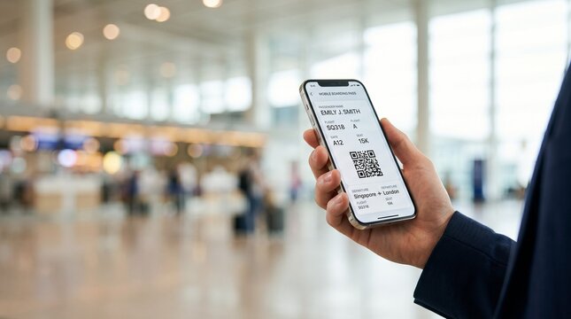 Seamless Departure: Traveler Hand Holding E-Ticket on Smartphone with Airport Bokeh