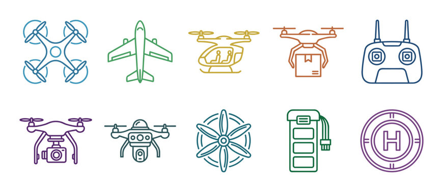 Drone and aerial vehicle icons set featuring various types of UAVs, remote control, and related equipment in colorful outline style.