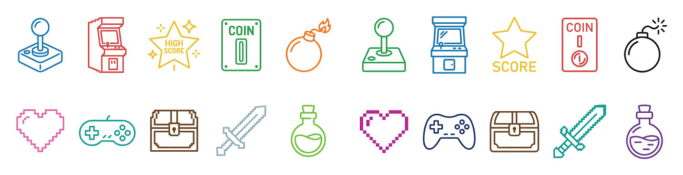 Vibrant collection of outline gaming icons representing various classic video game elements, arcade symbols, and retro pixel art items for digital design.