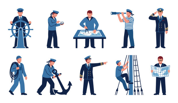 Professional sailors and captains perform various maritime duties, illustrating navigation, ship operation, and crew responsibilities in a flat vector style.