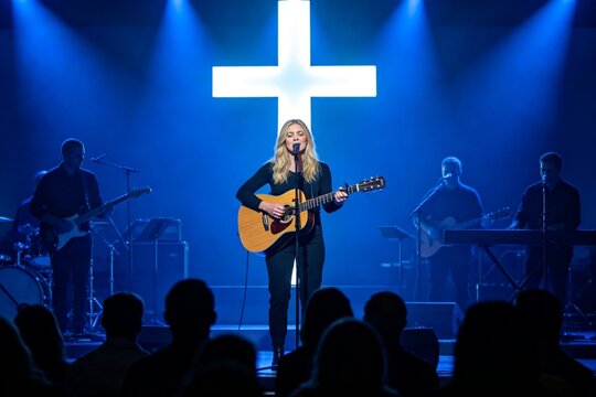 Female singer performing with cross backdrop