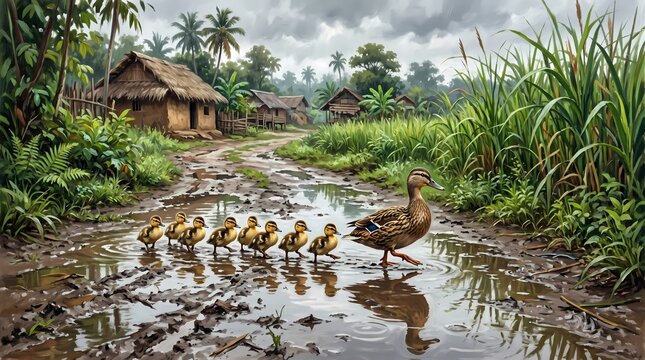 A mother duck leading her line of ducklings through a muddy puddle on a path in a traditional tropical rural village.