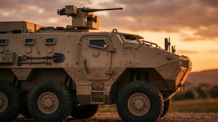 Fototapeta premium An armored vehicle drives through a desert landscape at sunset. Tank.