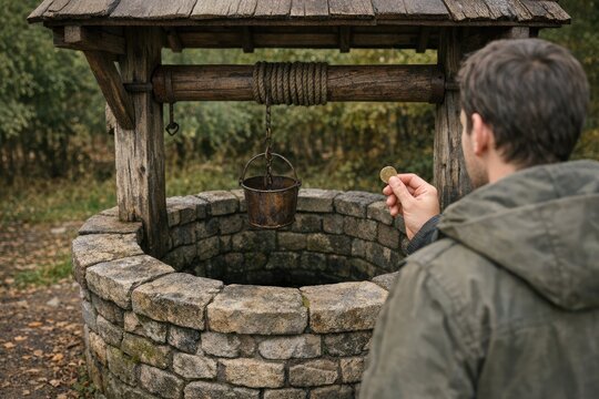 A person is standing by a well with a bucket, ready to draw water