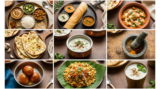  Warm overhead collage of vibrant Indian food close-ups arranged in a 3x3 grid with narrow white borders between panels