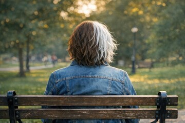 Fototapeta premium A person sits on a bench in a peaceful park scene, possibly relaxing or people-watching