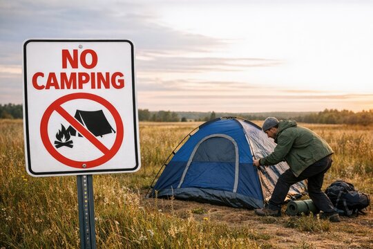 Man sets up tent near sign prohibiting camping