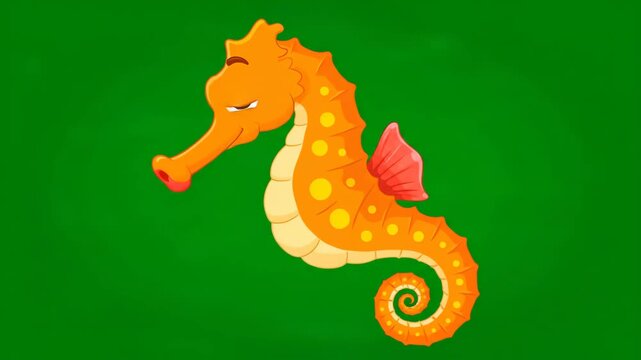 Illustration of an orange seahorse with yellow spots on a green background, showcasing marine life.