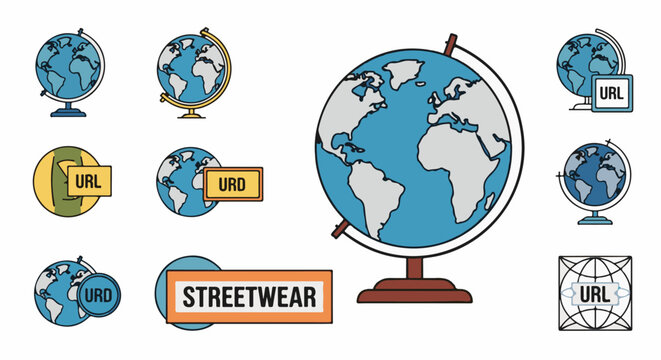 Collection of cartoon globes and text labels representing internet concepts