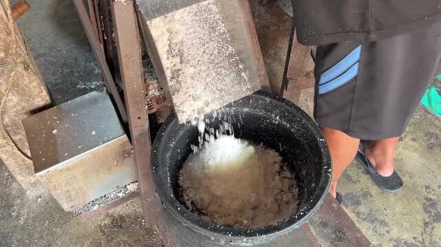 Grated coconut falling from an electric grating machine into a black plastic bowl. Processing fresh coconut flakes for milk extraction in a traditional market kitchen setup.