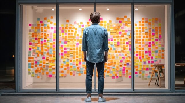 Man contemplating a wall covered in colorful sticky notes at night