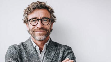 Obraz premium Smiling middle-aged businessman with glasses and textured jacket, confident and approachable