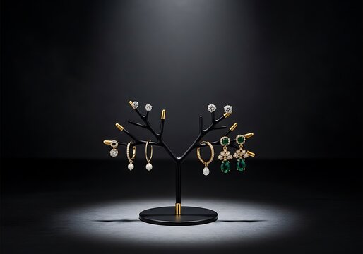 Minimalist Jewelry Tree Display with Soft Spotlight on Black Background. minimalist earring holders 