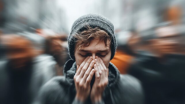 Young man with hands covering face, feeling overwhelmed in a blurred crowd