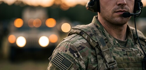 Obraz premium A close-up portrait of a soldier in camouflage uniform and helmet against a backdrop of blurred light sources. Combat action and attack. Military expedition.