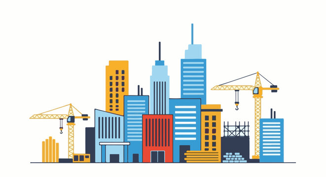 Colorful buildings under construction with cranes and materials