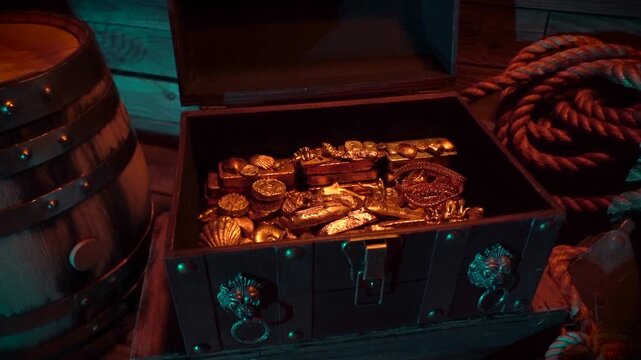 Gold treasure shimmers inside treasure chest lit by torchlight and water reflections.