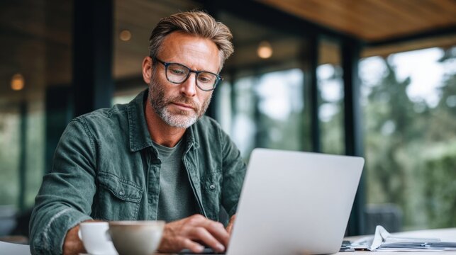 Focused middle-aged man with glasses working on a laptop outdoors at a table