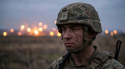 Obraz premium A close-up portrait of a soldier in camouflage uniform and helmet against a backdrop of blurred light sources. Combat action and attack. Military expedition.