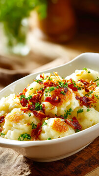 Traditional Potato Dumplings with Crispy Bacon and Fried Onions. AI generative.
