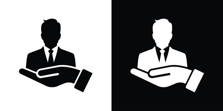 Businessman avatar figure being presented or held safely on an open palm. Conceptual representation of customer service and talent management.