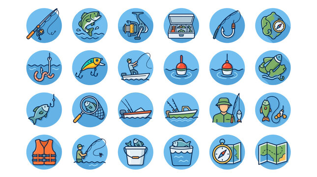 Fishing Icons Set: Gear, Fish, Boats, and Activities