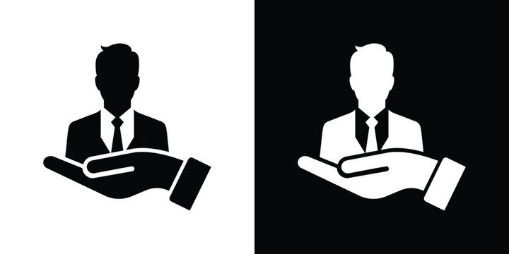 Businessman avatar figure being presented or held safely on an open palm. Conceptual representation of customer service and talent management.
