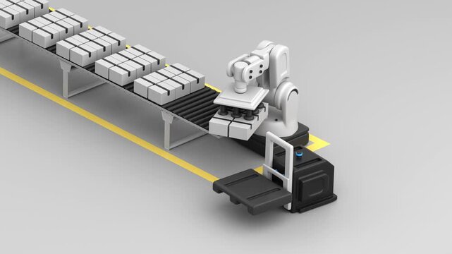 Robot hand with a vacuum suction gripper takes boxes from the pallet and place on the conveyor, 3d render